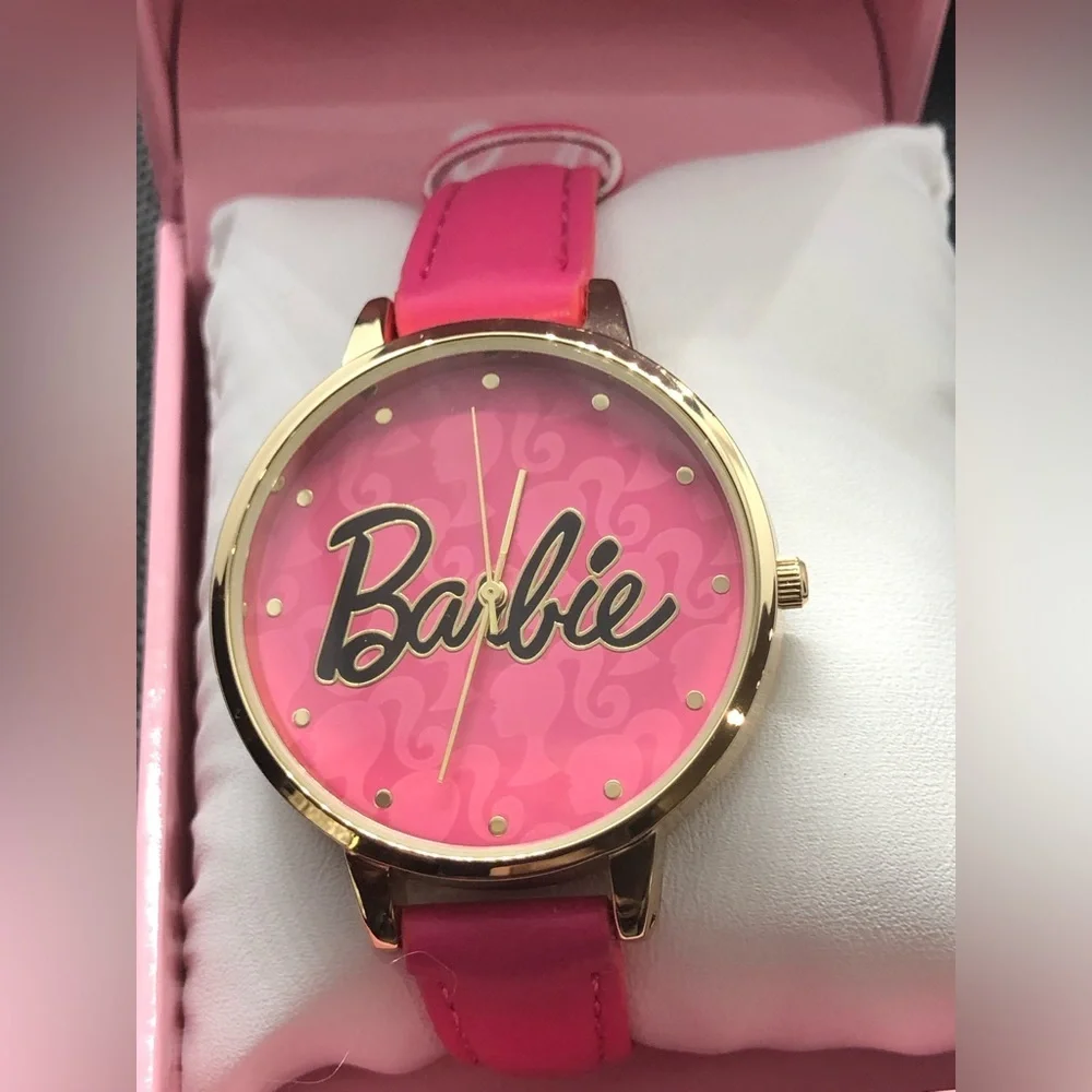 Barbie pink strap gold plated trim pink Barbie‎ logo face wrist watch new